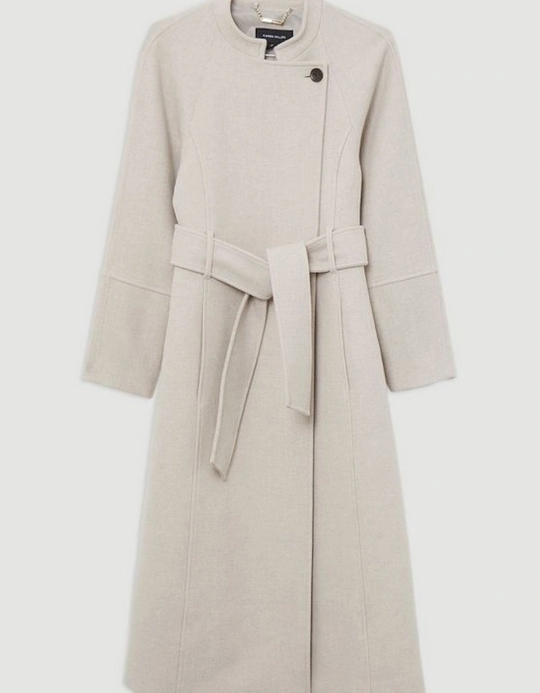 Premium Italian Manteco Wool Collarless Belted Tailored Maxi Coat