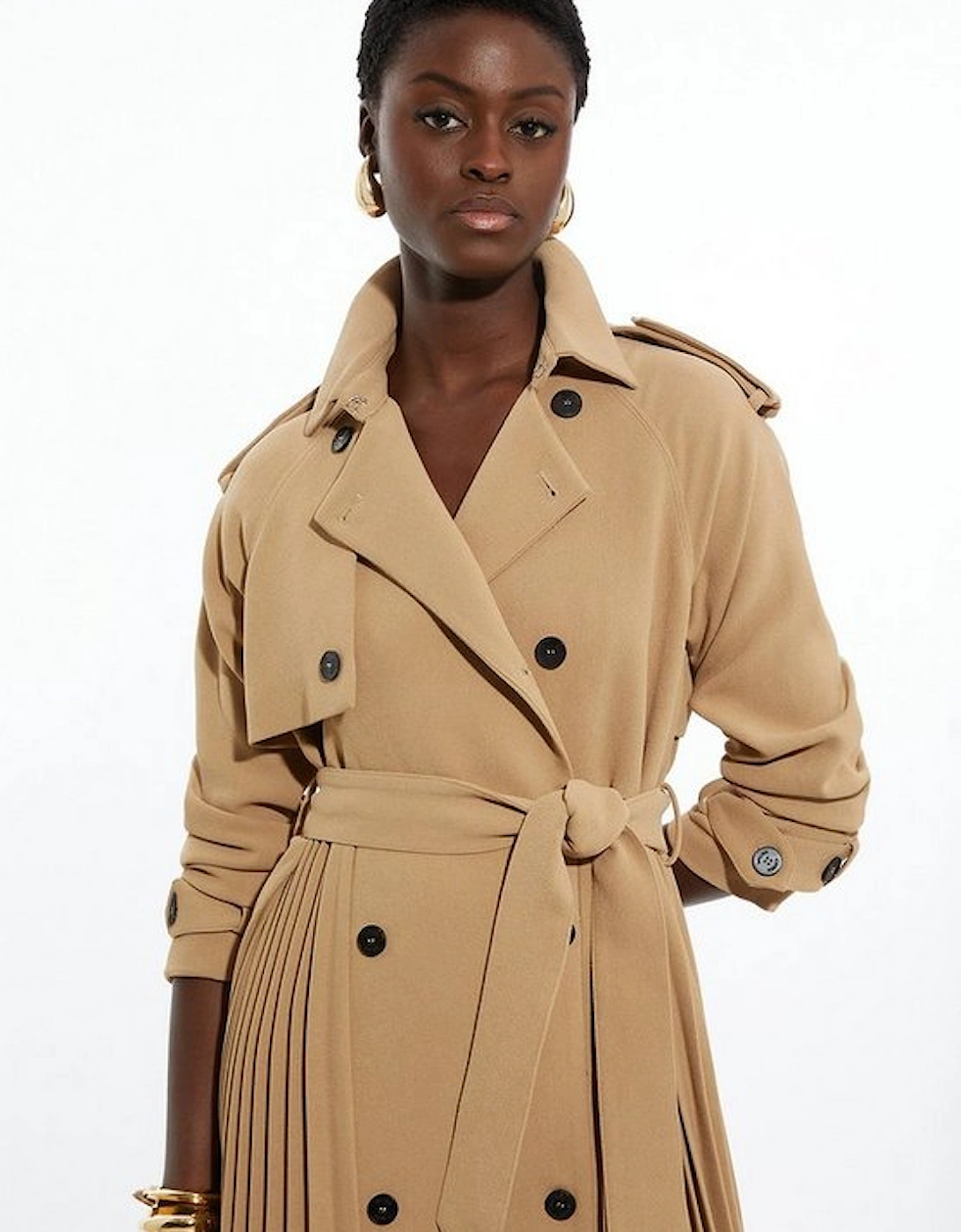 Petite Tailored Pleat Detail Belted Trench Coat