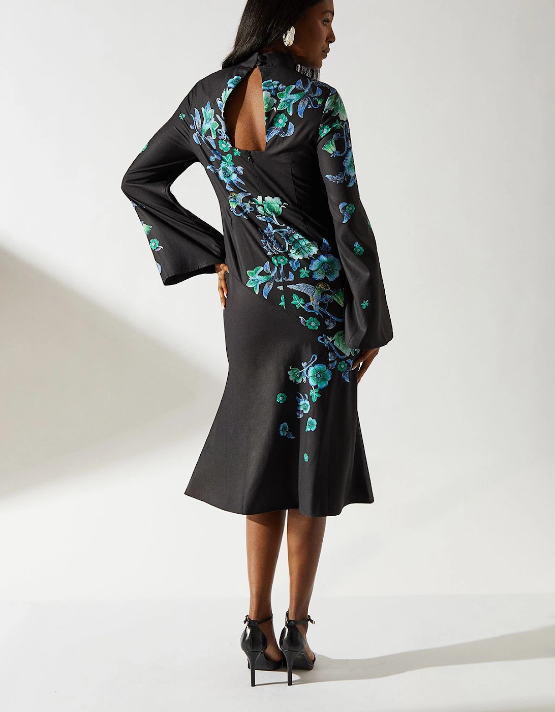 Printed Long Sleeve High Neck Midi Dress