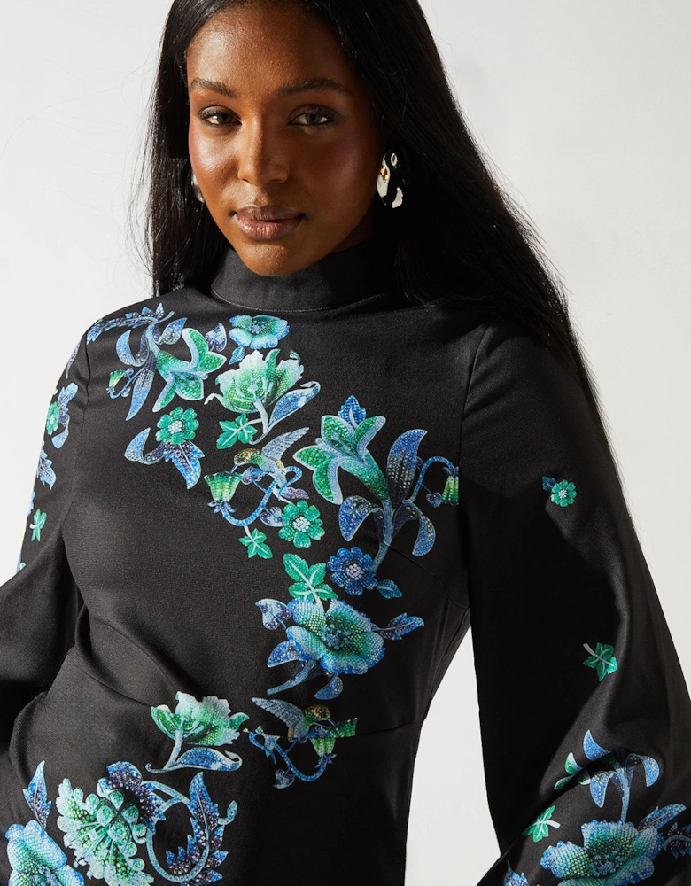 Printed Long Sleeve High Neck Midi Dress