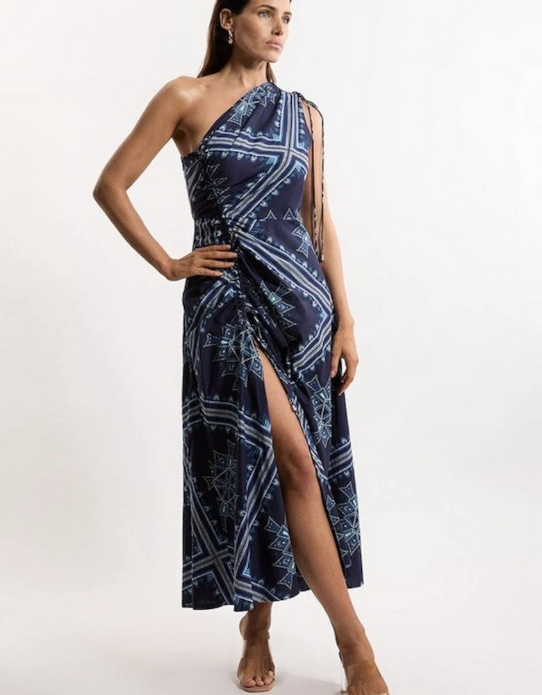 Printed Cotton Voile One Shoulder Midi Dress