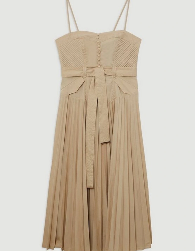 Button Detail Belted Woven Midi Dress