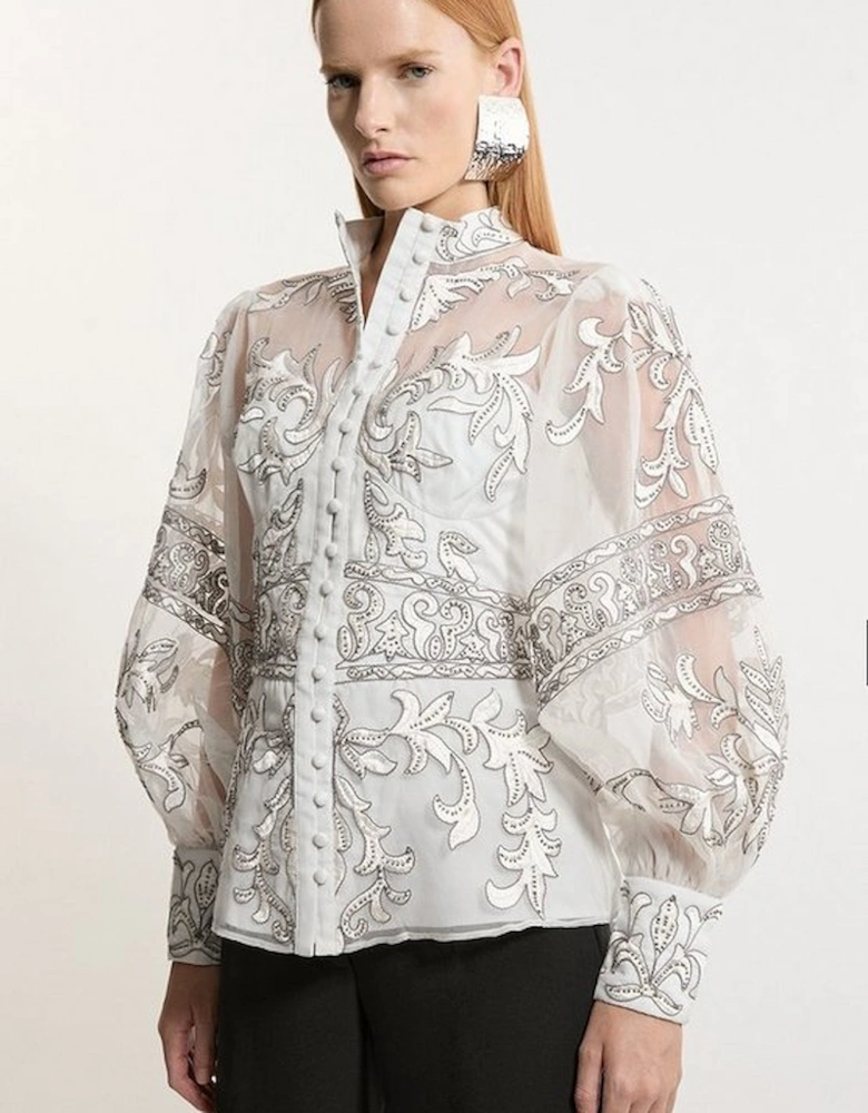 Baroque Organdie Applique Buttoned Woven High Neck Blouse