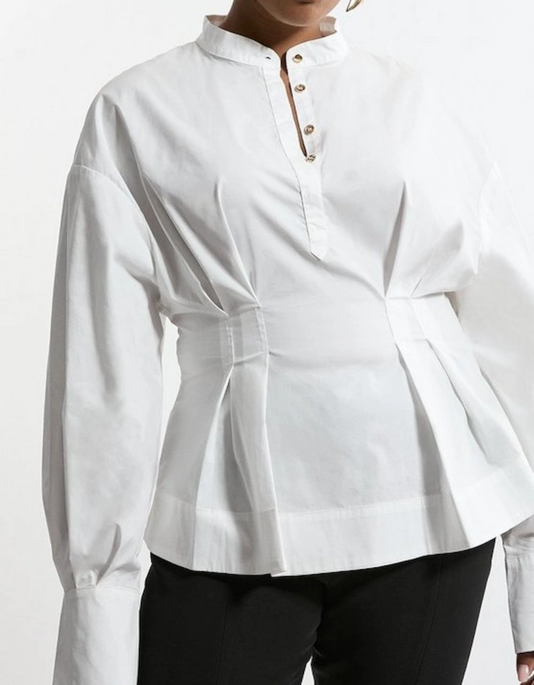 Plus Size Poplin Balloon Sleeve Pintuck Woven Shirt