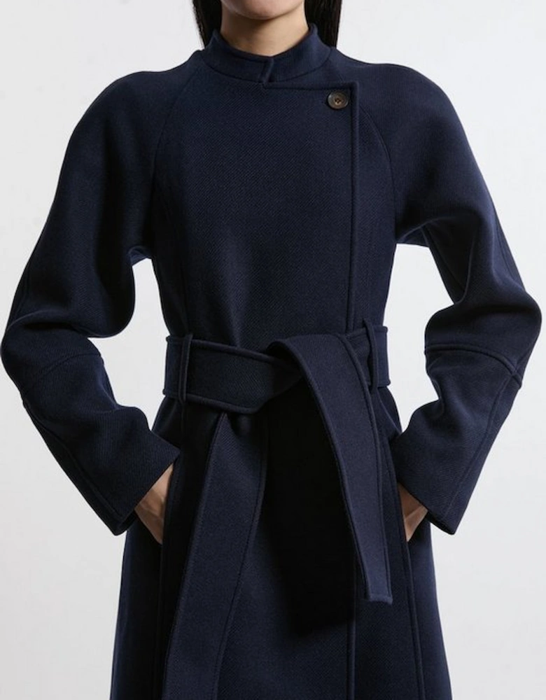 Premium Italian Manteco Wool Collarless Belted Tailored Maxi Coat