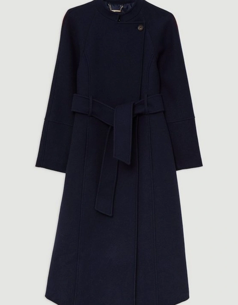 Premium Italian Manteco Wool Collarless Belted Tailored Maxi Coat