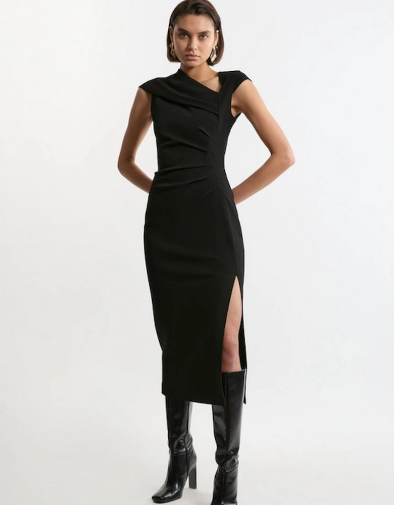 Petite Structured Crepe Asymmetric Neck Midi Dress