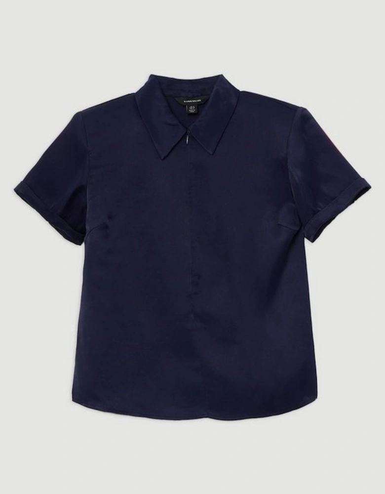 Satin Zip Front Woven Polo Top