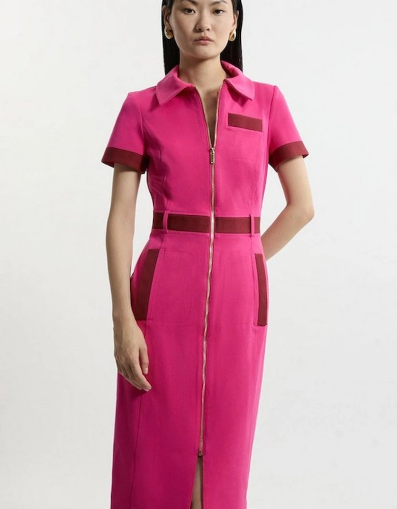 Compact Stretch Colourblock Grosgrain Zip Tailored Midi Dress