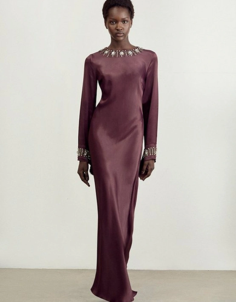 The Founder Crystal Embellished Raw Edge Satin Wrap Maxi Dress