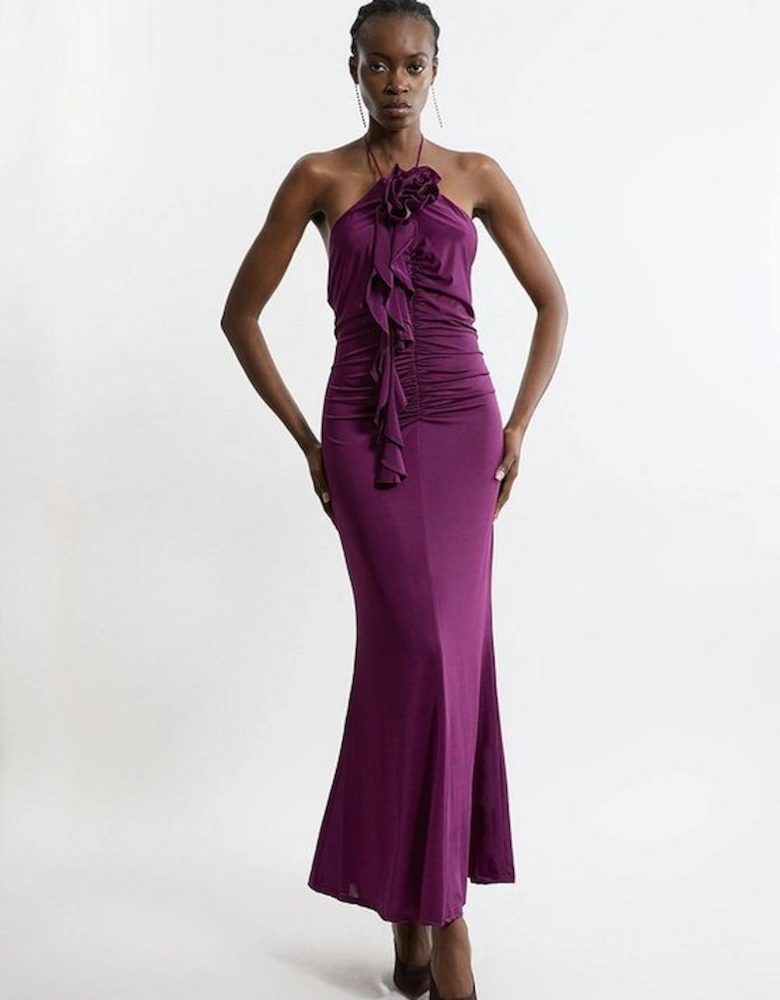 Backless Tie Rosette Slinky Jersey Maxi Dress