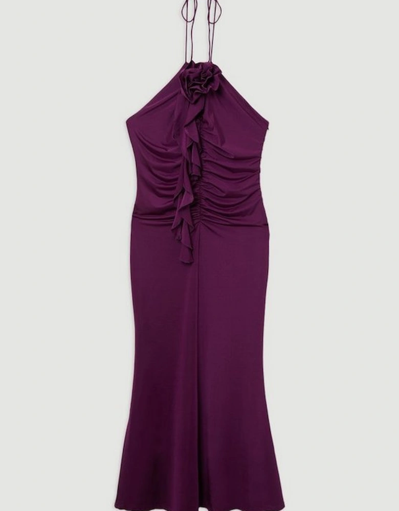 Backless Tie Rosette Slinky Jersey Maxi Dress