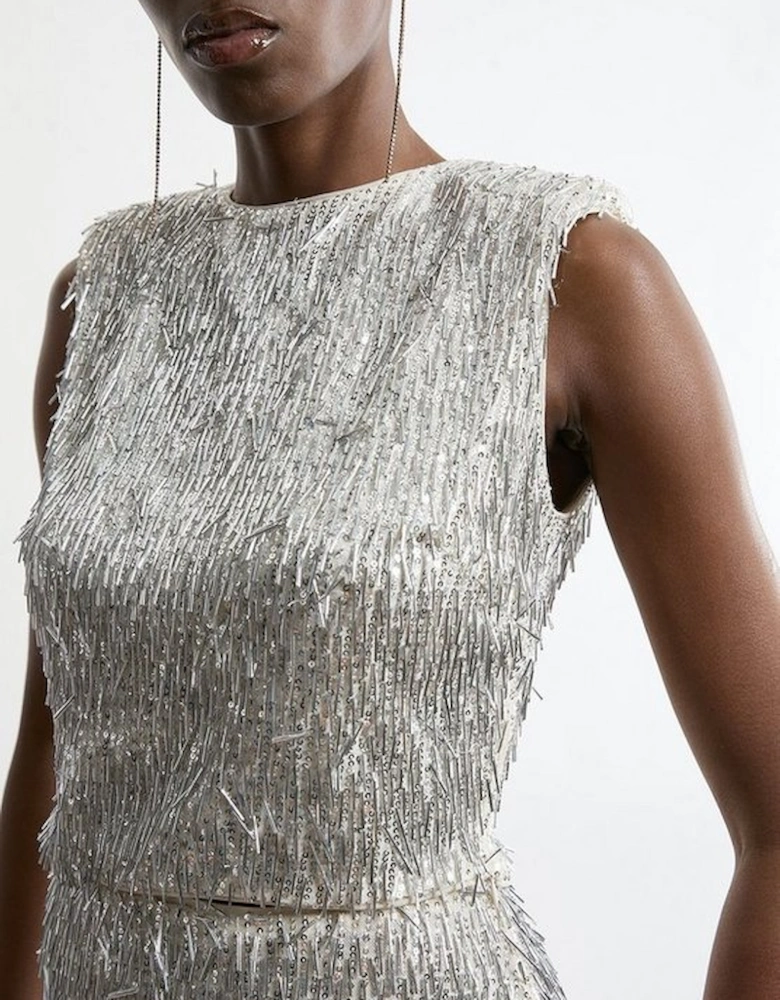 Textured Strong Shoulder Sequin Woven Top