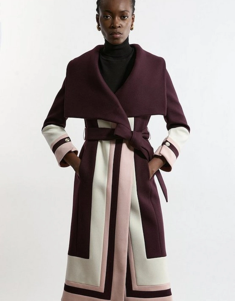 Premium Italian Manteco Wool Colour Block Tailored Belted Midi Coat