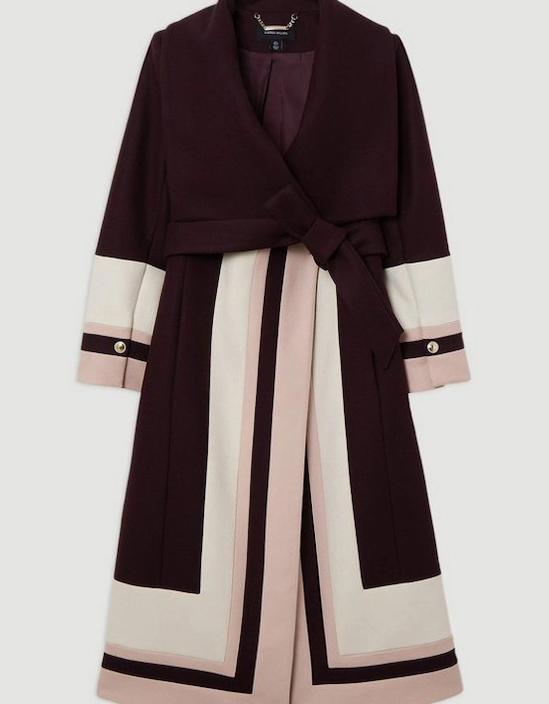 Premium Italian Manteco Wool Colour Block Tailored Belted Midi Coat