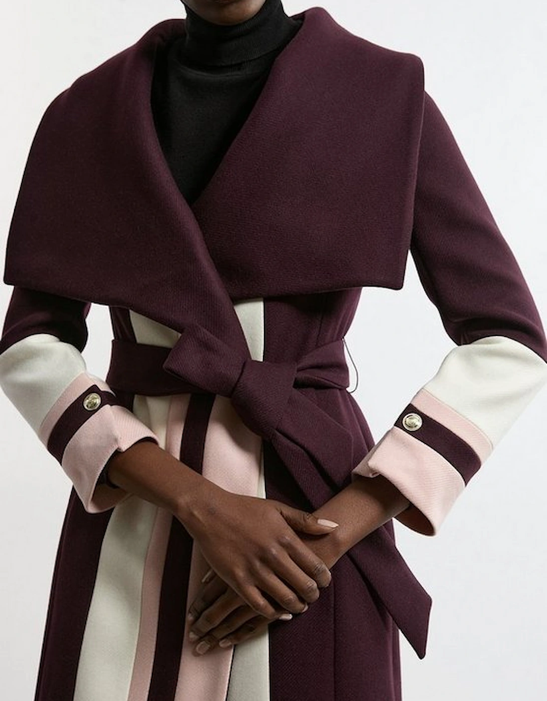 Premium Italian Manteco Wool Colour Block Tailored Belted Midi Coat