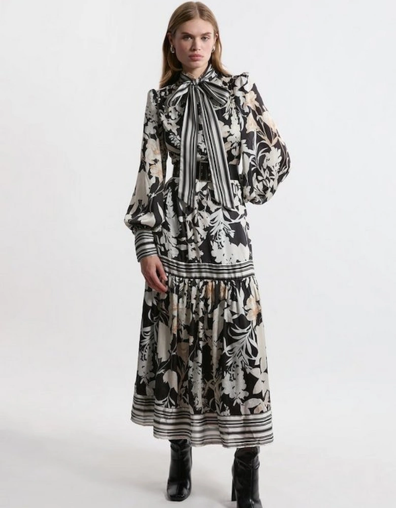 Floral Pleated Tie Neck Woven Midaxi Dress