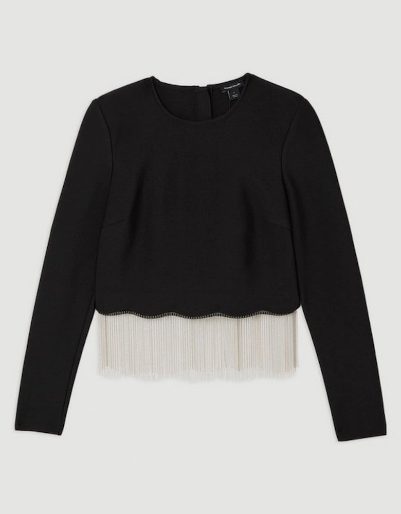 Figure Form Bandage Knit Scallop Tassel Top