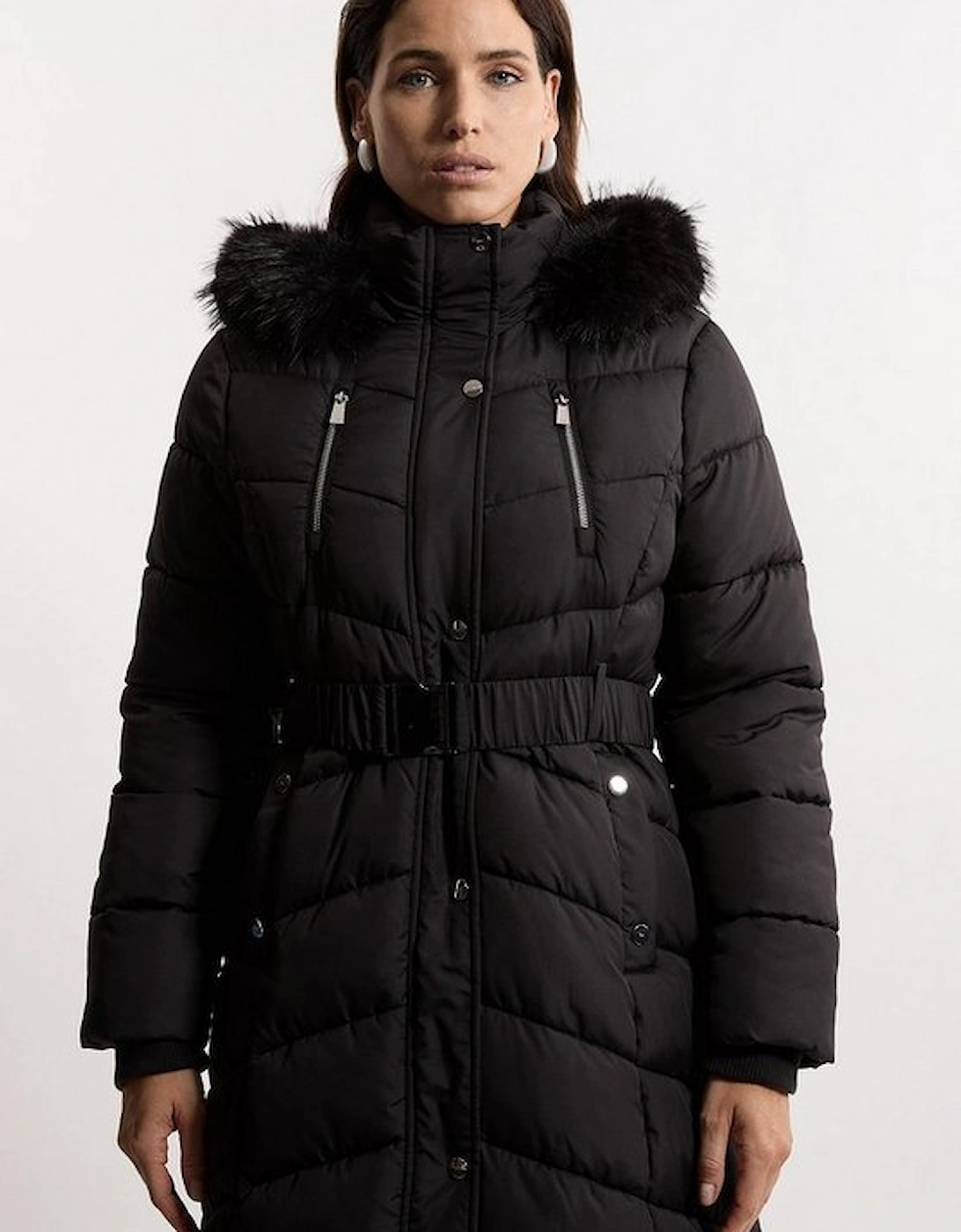 Tall Faux Down Padded Belted Hooded Puffer Coat