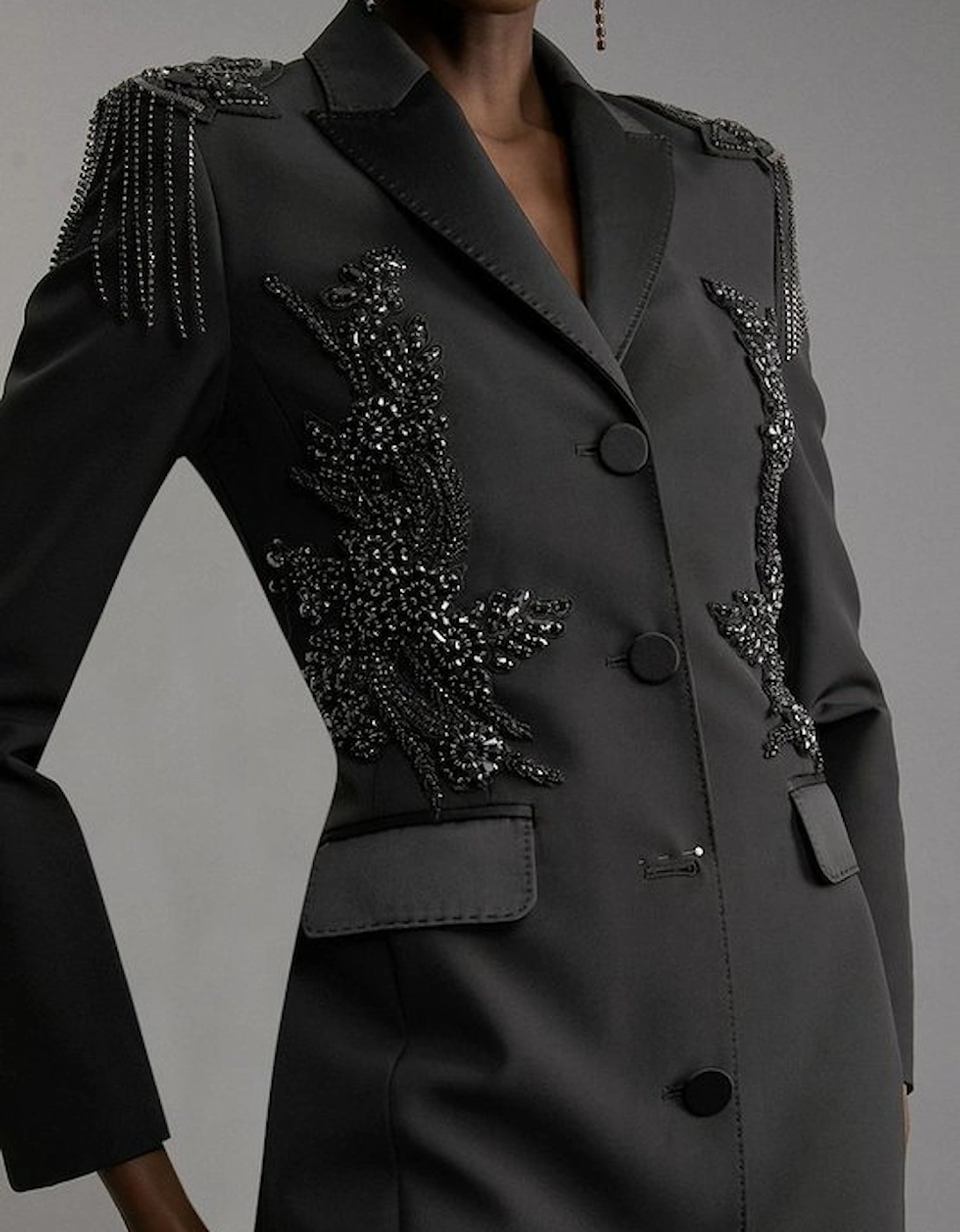 Crystal Embellished Tailored Tuxedo Blazer Midaxi Dress