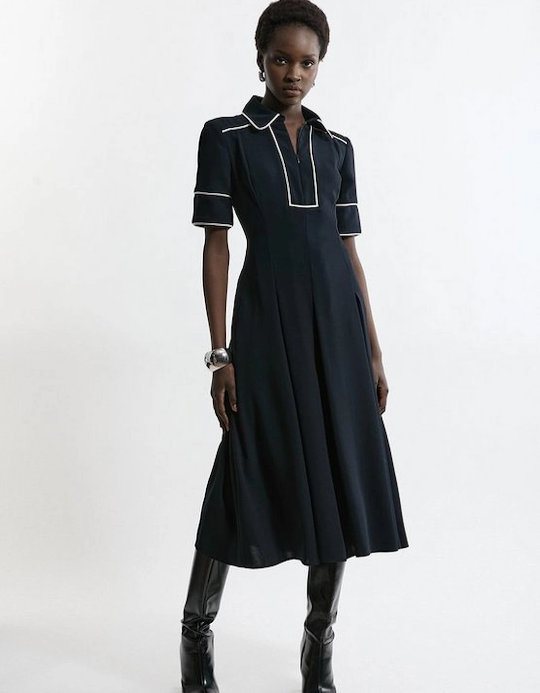 Compact Stretch Open Neck Tailored Midi Dress