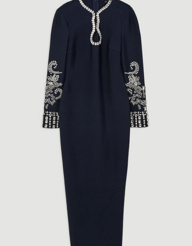 Petite Figure Form Bandage Knit Embellished Wide Sleeve Maxi Dress