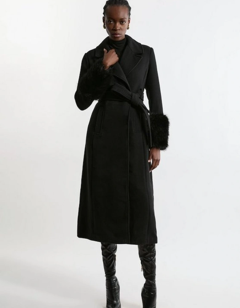 Wool Blend Detachable Faux Fur Belted Midi Coat