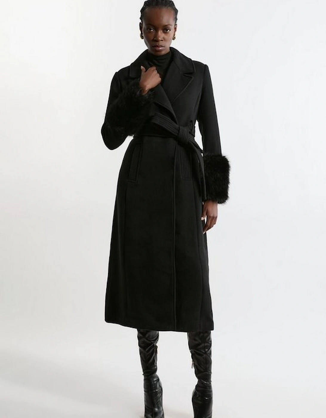 Wool Blend Detachable Faux Fur Belted Midi Coat