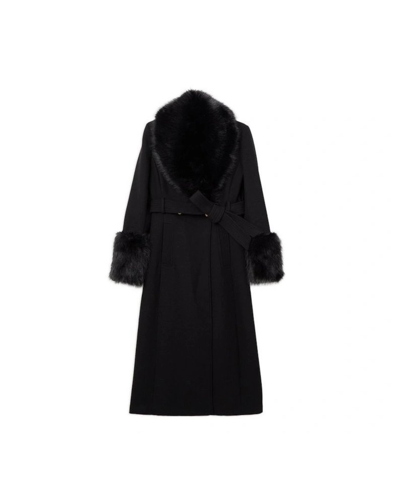 Wool Blend Detachable Faux Fur Belted Midi Coat