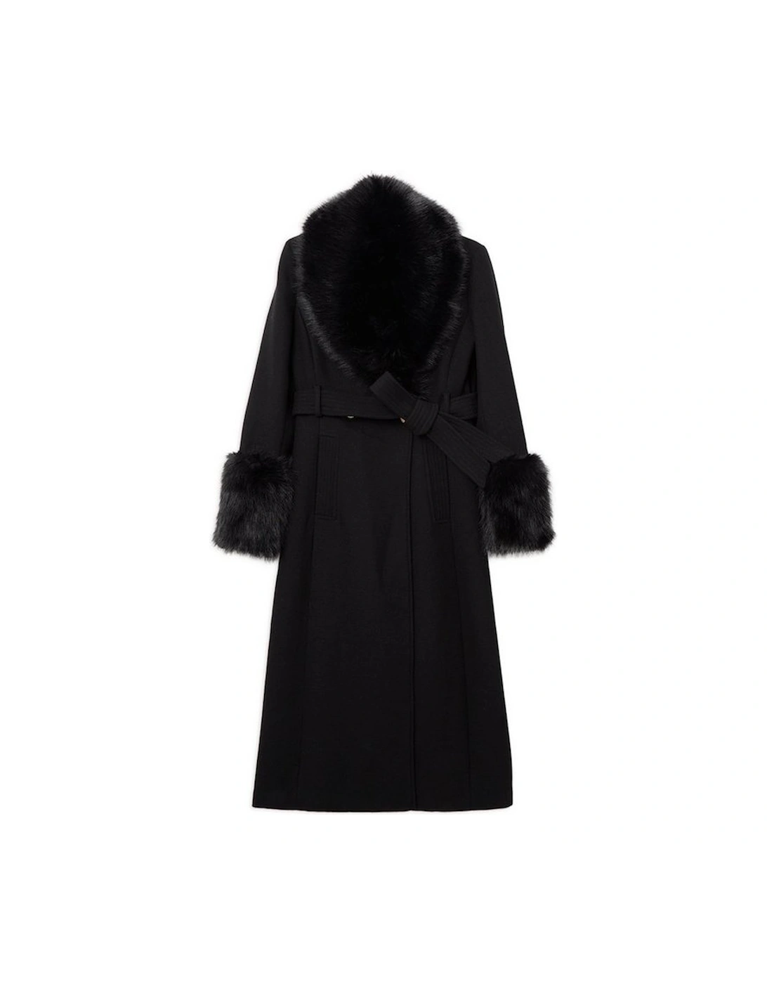 Wool Blend Detachable Faux Fur Belted Midi Coat