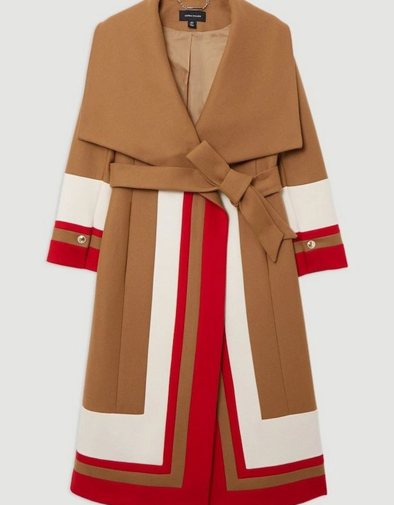 Premium Italian Manteco Wool Colour Block Tailored Belted Midi Coat