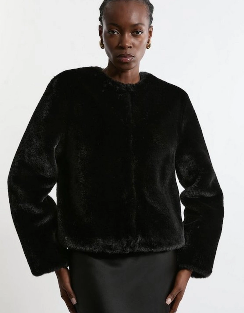 Collarless Faux Fur Jacket