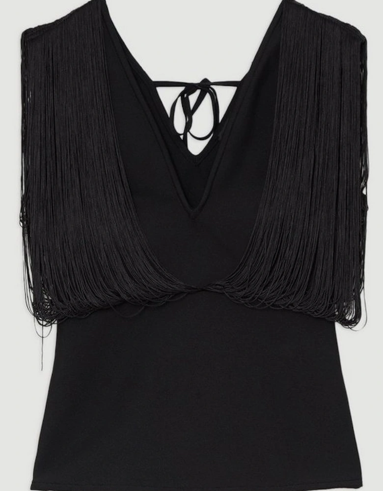 Figure Form Bandage Knit Fringe Detail Top