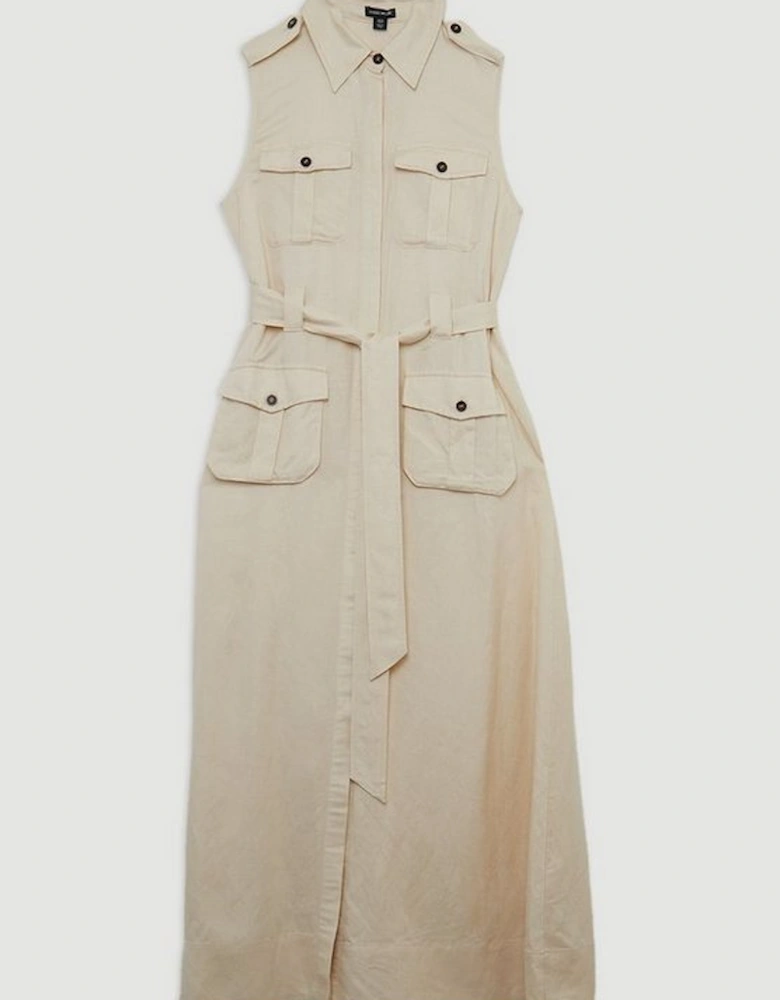 Viscose Linen Woven Sleeveless Shirt Midi Dress