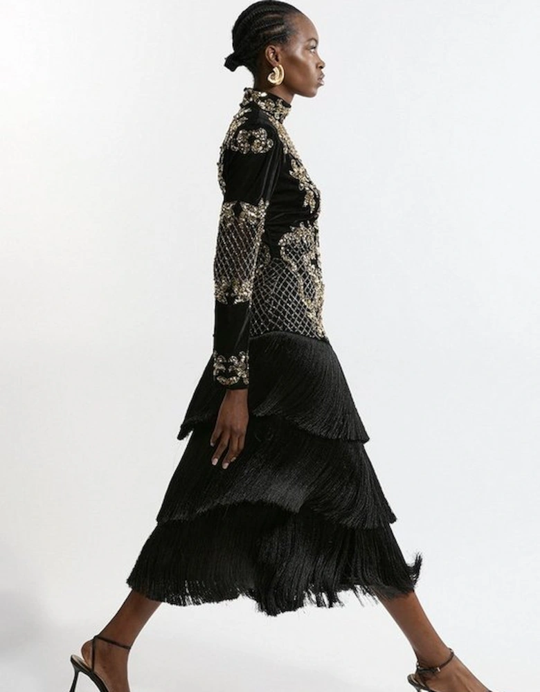 Velvet Baroque Fringe Woven Midi Dress