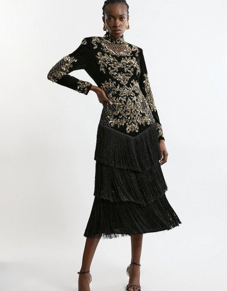 Velvet Baroque Fringe Woven Midi Dress