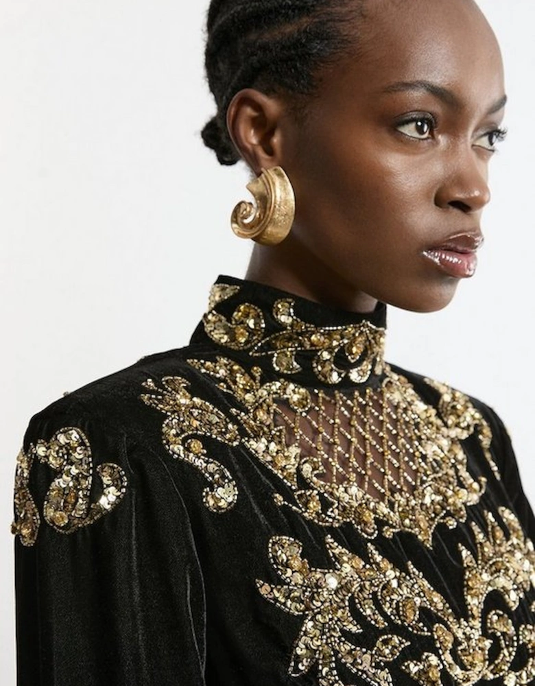 Velvet Baroque Fringe Woven Midi Dress