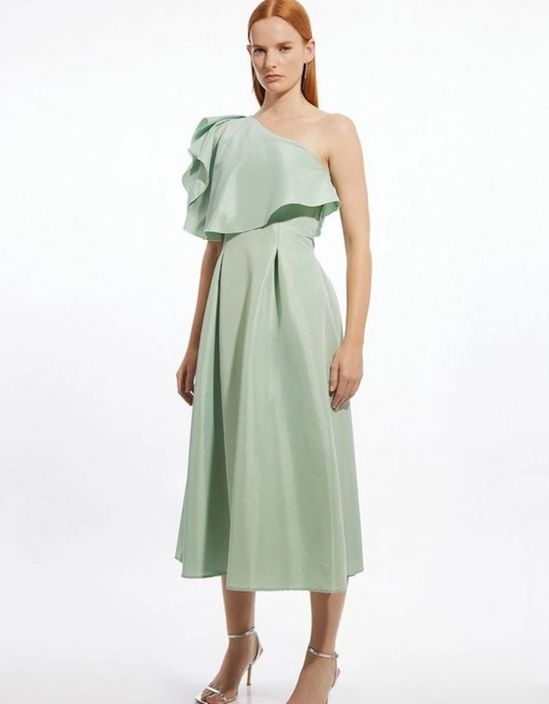 Taffeta One Shoulder Ruffle Midi Dress