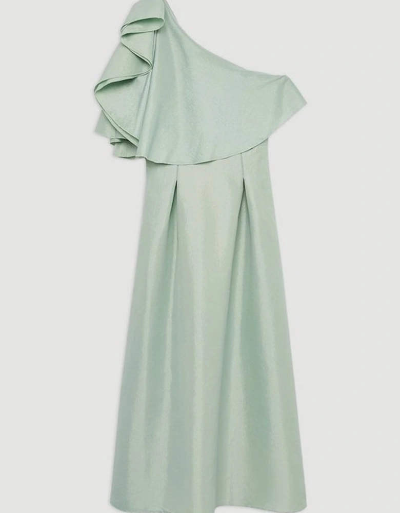 Taffeta One Shoulder Ruffle Midi Dress