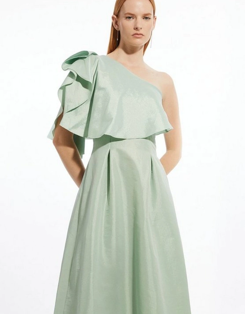 Taffeta One Shoulder Ruffle Midi Dress