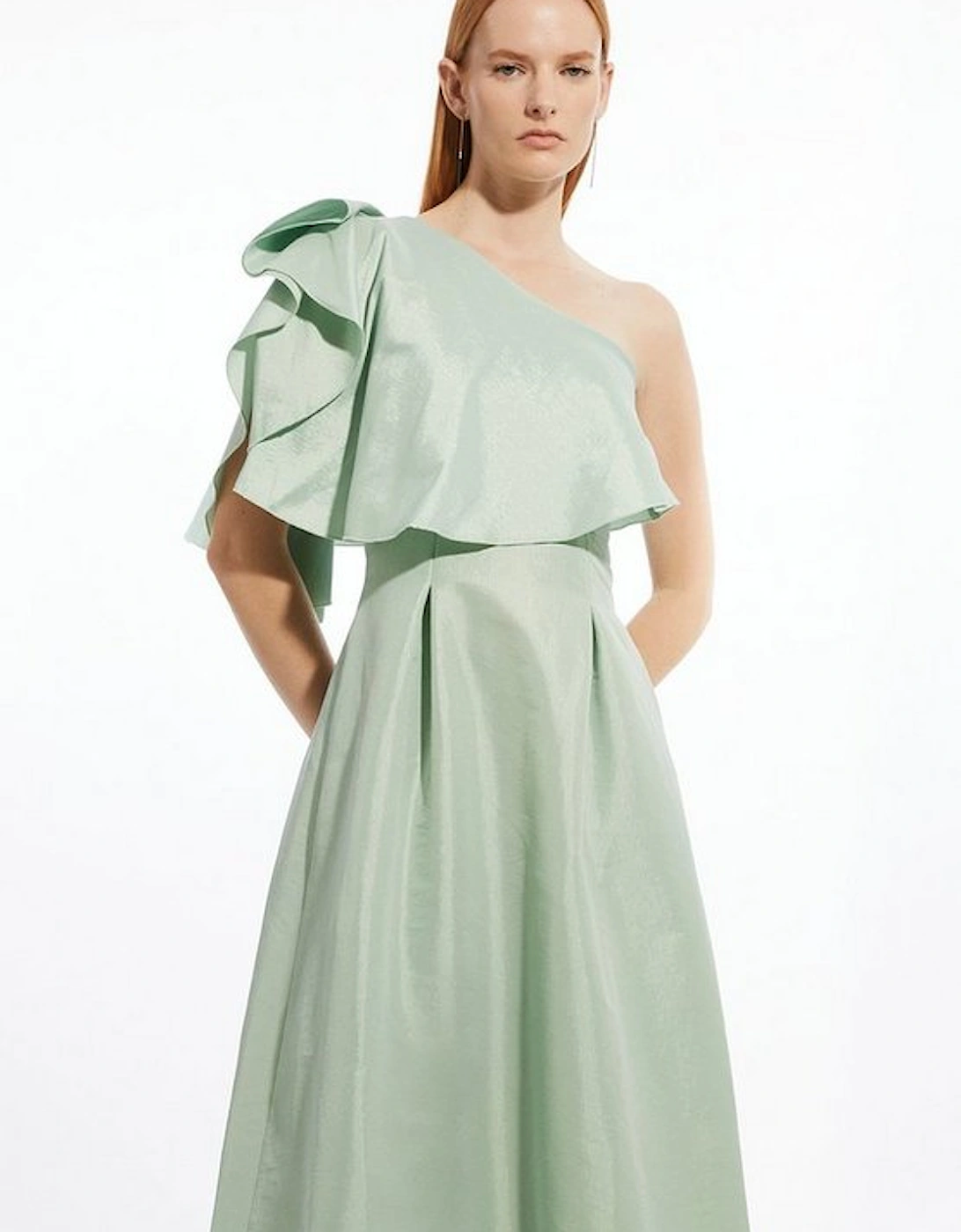 Taffeta One Shoulder Ruffle Midi Dress