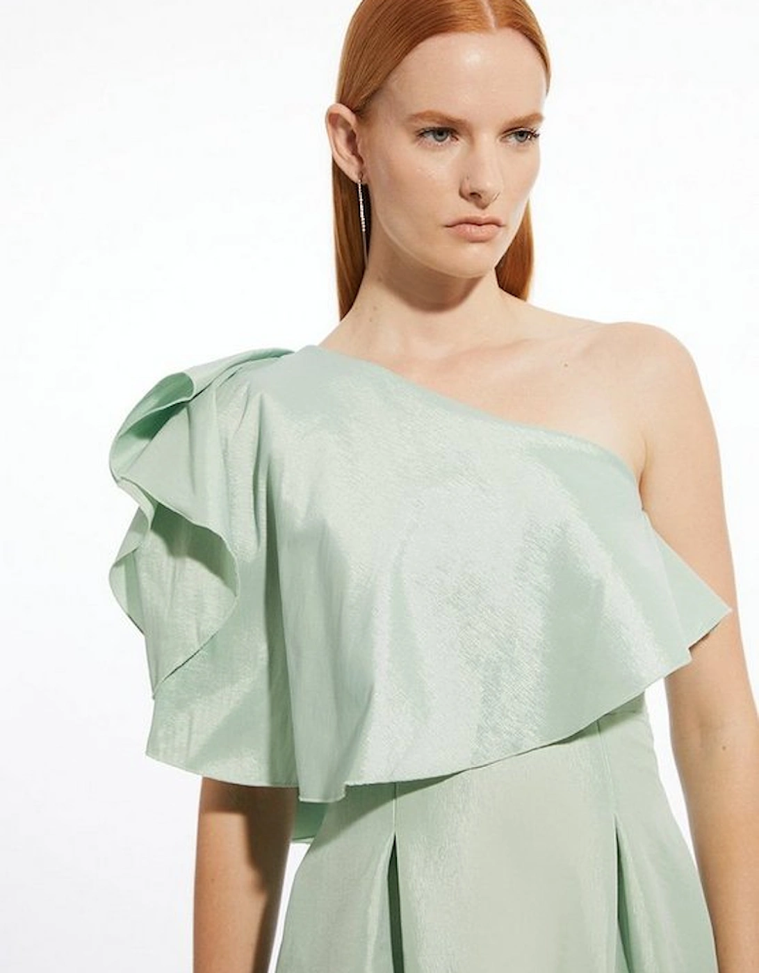 Taffeta One Shoulder Ruffle Midi Dress