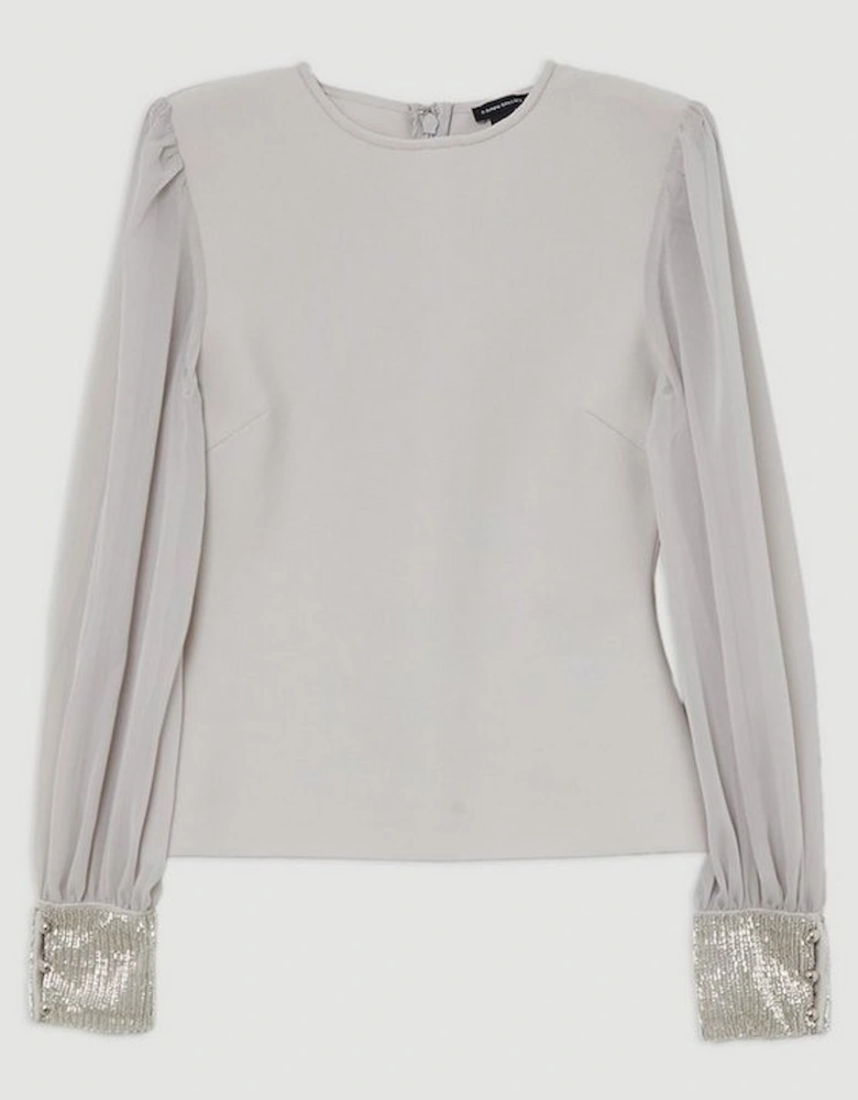 Figure Form Bandage Knit Embellished And Chiffon Sleeve Top