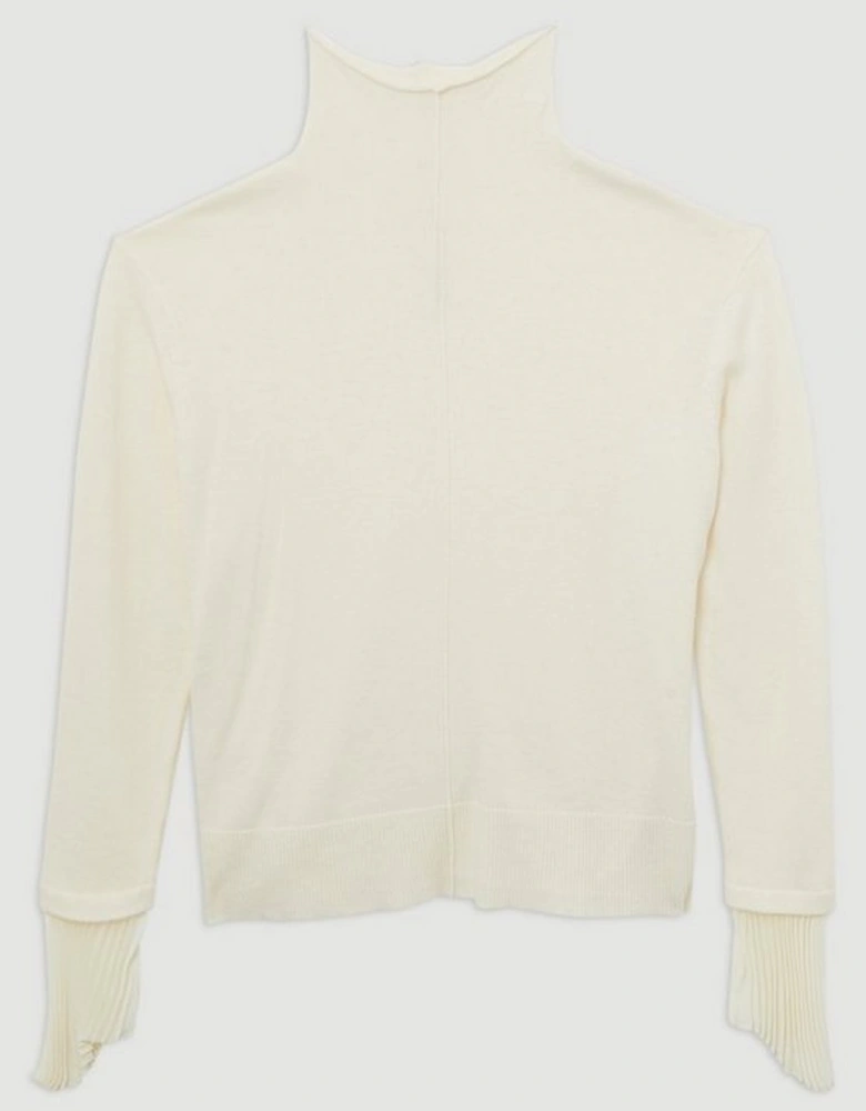 Wool and Alpaca Blend Knit Top With Pleated Silk Woven Cuffs