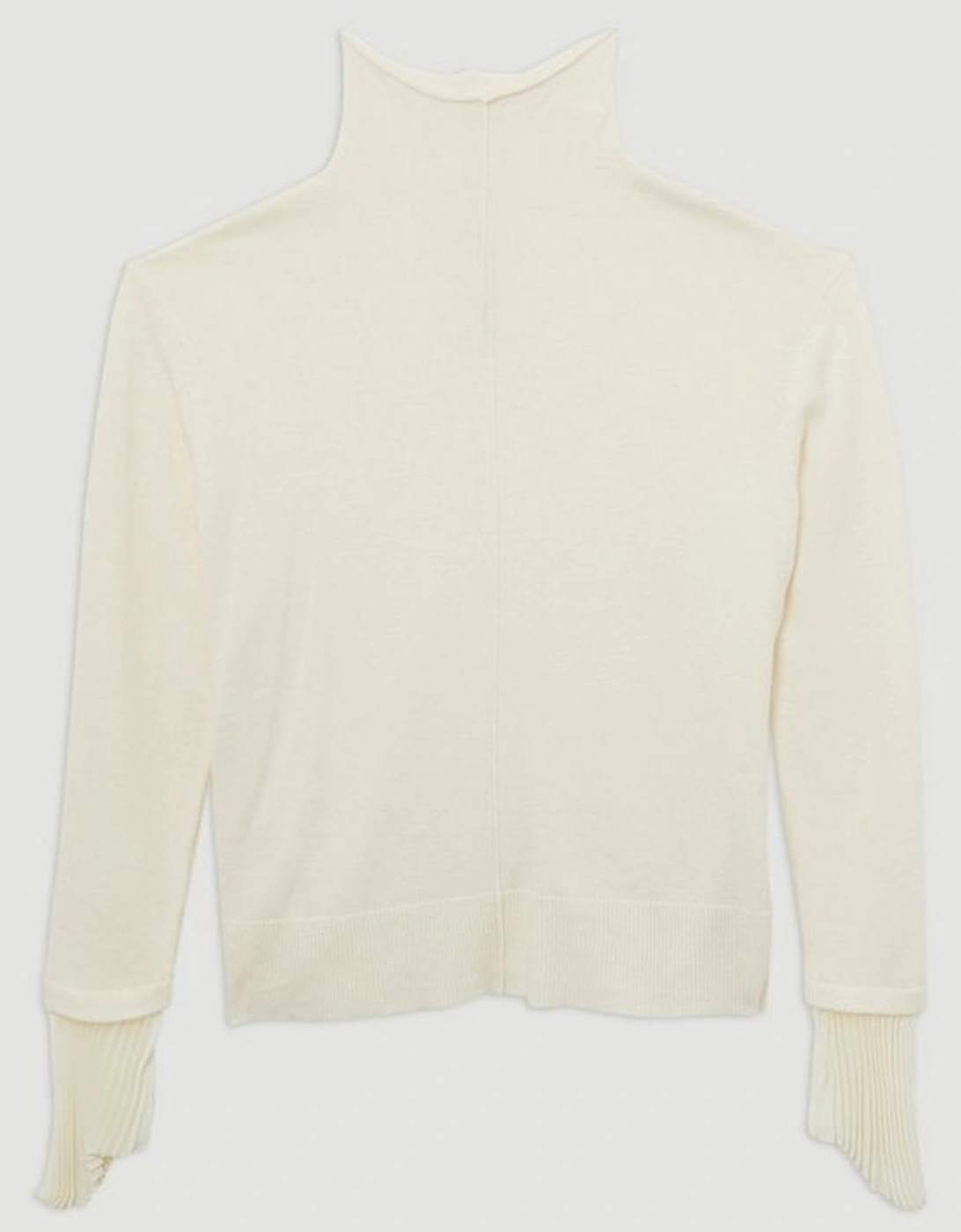 Wool and Alpaca Blend Knit Top With Pleated Silk Woven Cuffs