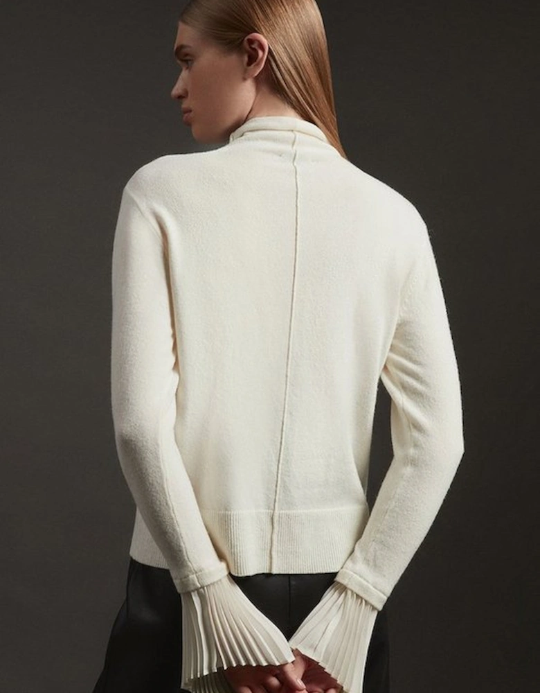 Wool and Alpaca Blend Knit Top With Pleated Silk Woven Cuffs