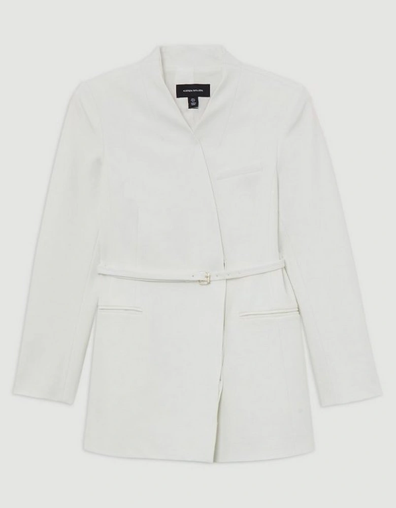 Structured Crepe Tailored Collarless Belted Blazer