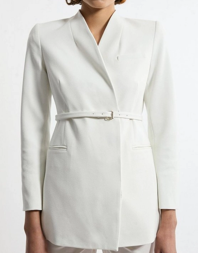 Structured Crepe Tailored Collarless Belted Blazer