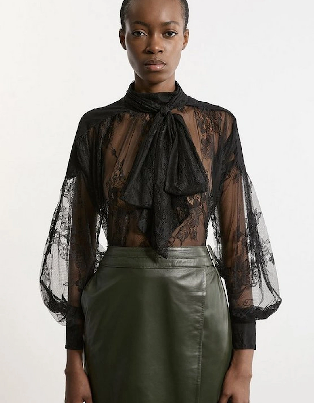 Sheer Lace Balloon Sleeve Bow Detail Blouse