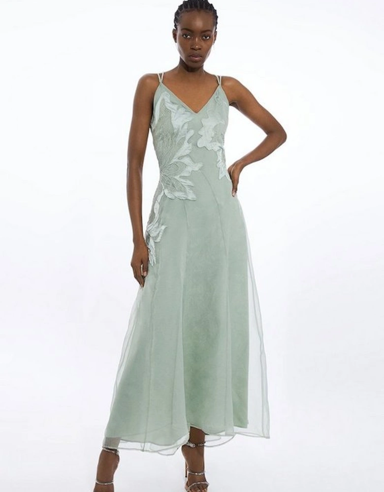 Petite Satin Applique Woven Maxi Dress